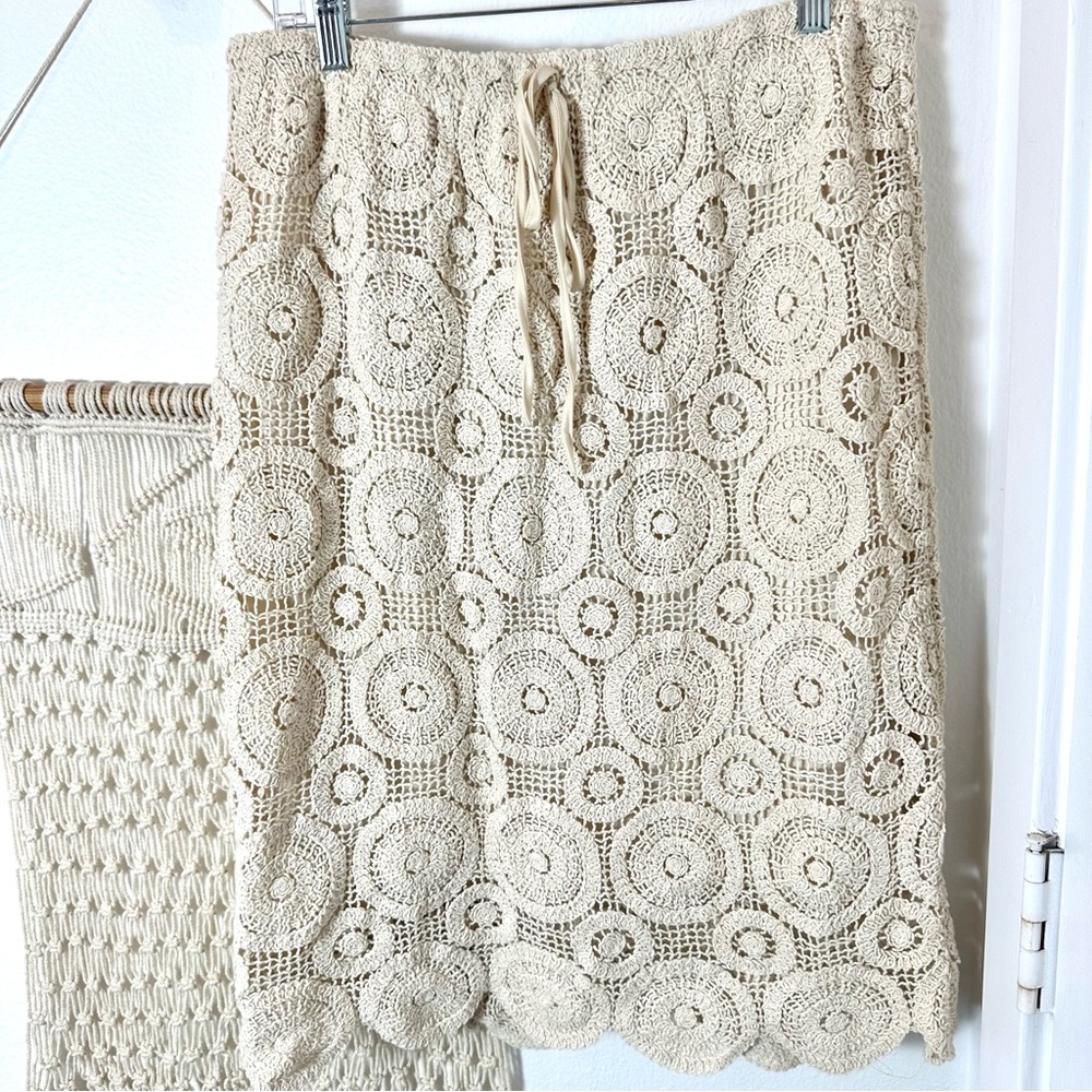 Bohemian Cream Crochet Hippie Midi Skirt Gypsy Granny Square Elegant Stretch XL